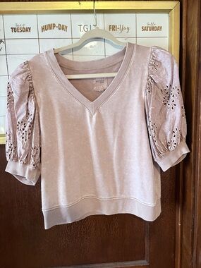 kensie Dusty Blush V-Neck Puff Sleeve Sweatshirt